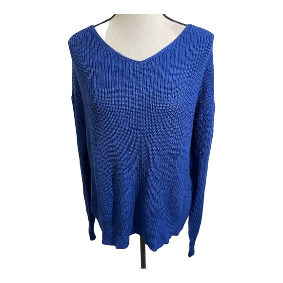 Cotton emporium relaxed knot back sweater blue knit size Large. Twisted … - Picture 2 of 10
